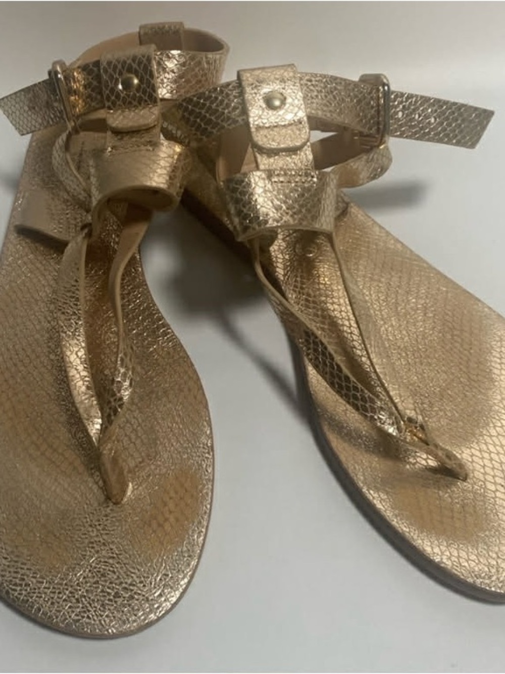 Women's Metallic Gold Ankle-Strap Thong Sandals